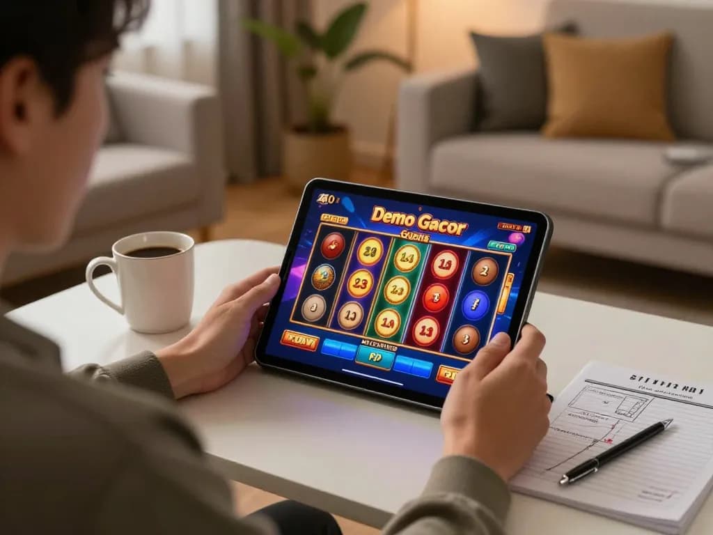 Engaging in Demo Gacor slot games on a tablet at home, showcasing vibrant gameplay.