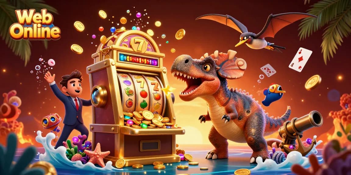Experience thrilling jackpots with Web Online as a pachycephalosaurus headbutts a golden slot machine.