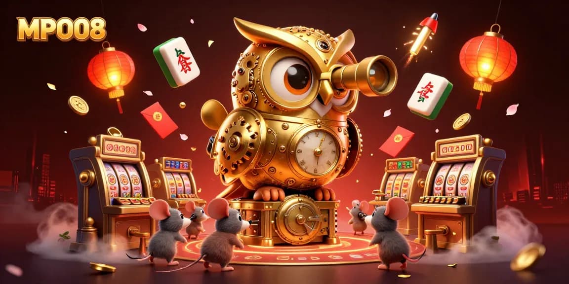 MPO08 showcases a vibrant casino scene with a clockwork owl and animated mice at slot machines.