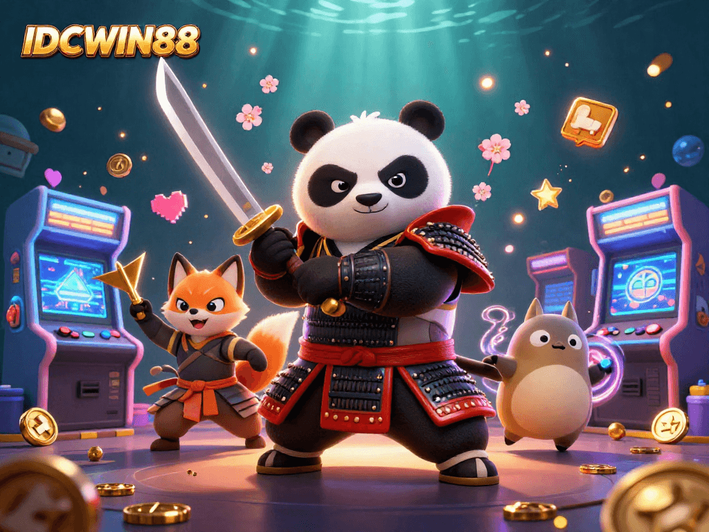 Engage with IDCWIN88's thrilling gaming adventure with this vibrant 3D illustration showcasing a panda samurai, ninja fox, and magical tanuki surrounded by interactive gaming elements.
