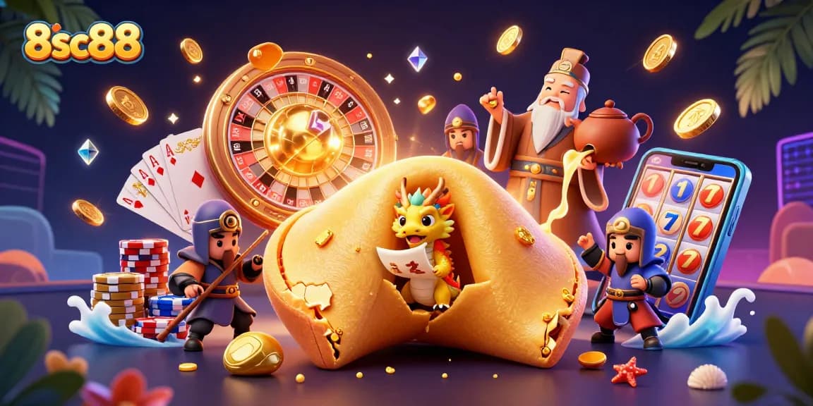 Spin the reels at 8sc88 and win big with our dynamic casino illustration featuring a lucky fortune cookie.