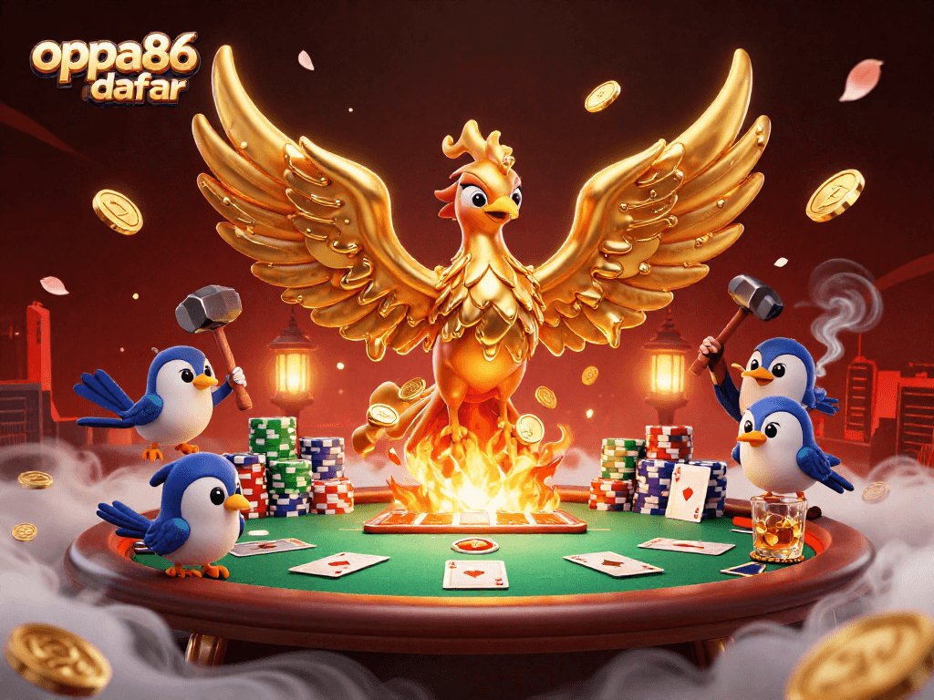 Experience thrilling gameplay with oppa86 daftar in an ultra-detailed casino scene featuring golden phoenix and poker elements.