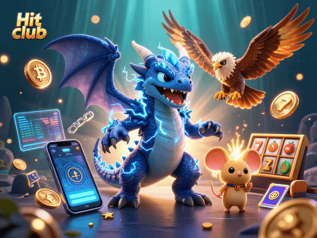Hit club casino scene showcasing dynamic gameplay elements with iconic characters and crypto coins.