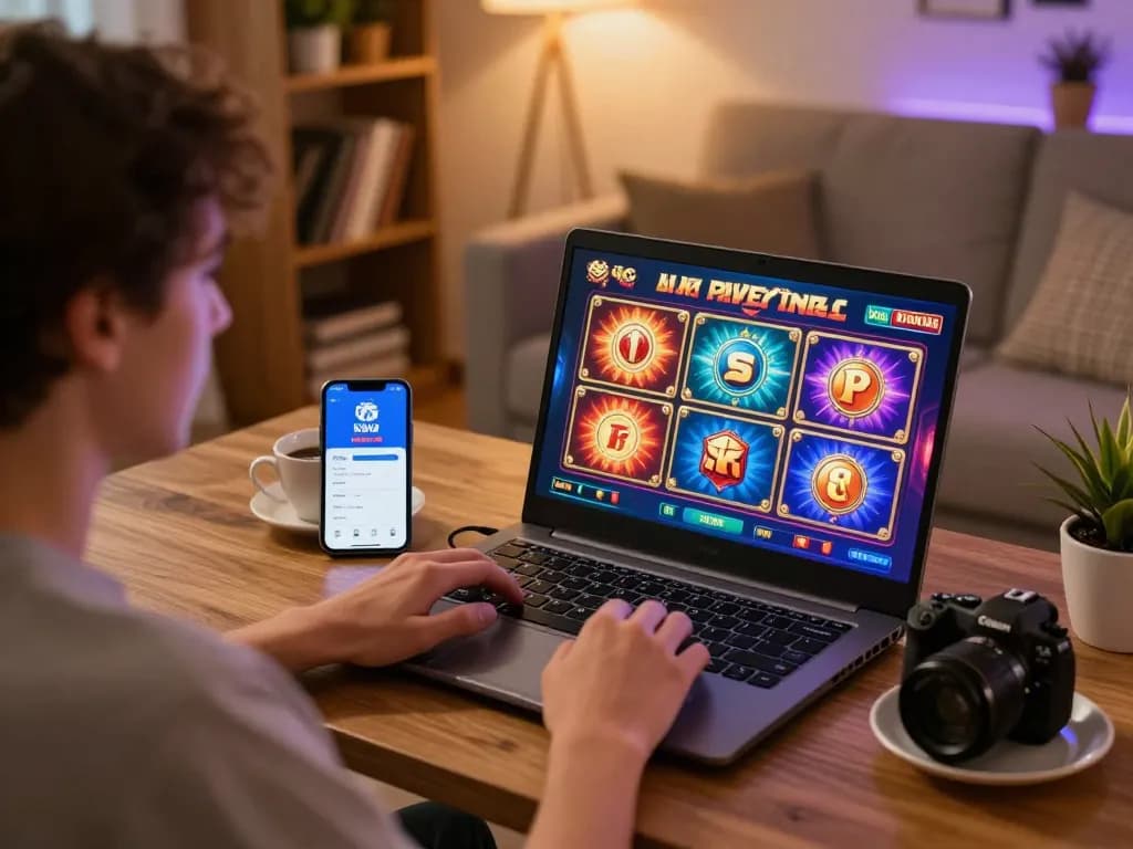 Player enjoying UG DEWA slot games on laptop in cozy home setting, engaging with colorful graphics.