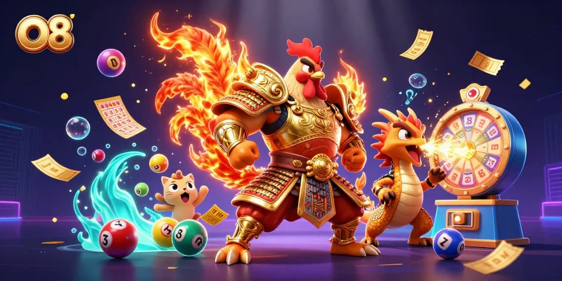O8 celebrates a thrilling casino adventure with colorful lottery elements and dynamic characters.