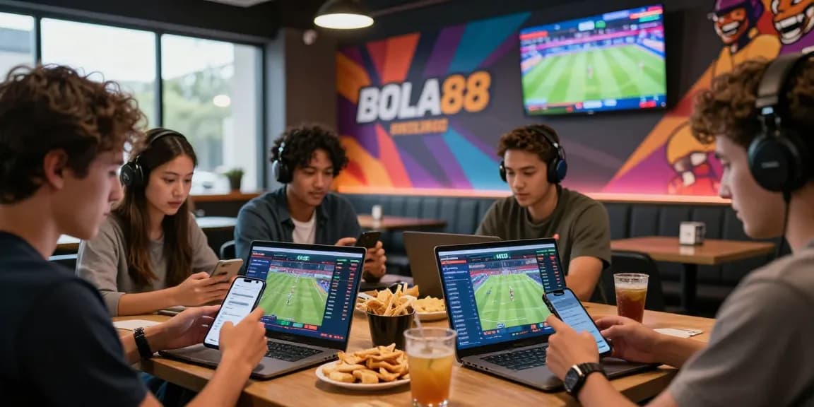 Engaged bettors excitedly exploring BOLA88's sports betting platform in a lively lounge.