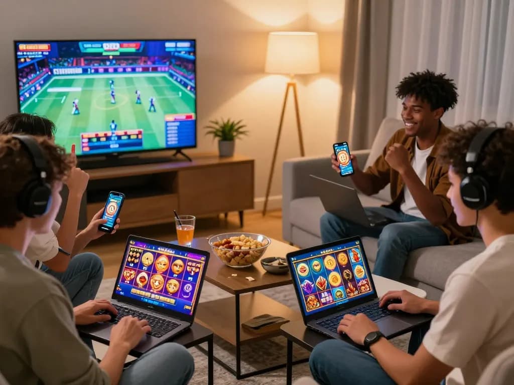 Friends enjoying online slot games together at home, showcasing vegasslot77 gaming experience.