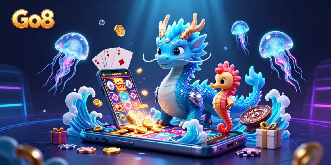 Engage in the Go8 casino experience with a vibrant 3D illustration of a dragon and seahorse, amidst lively gaming elements.
