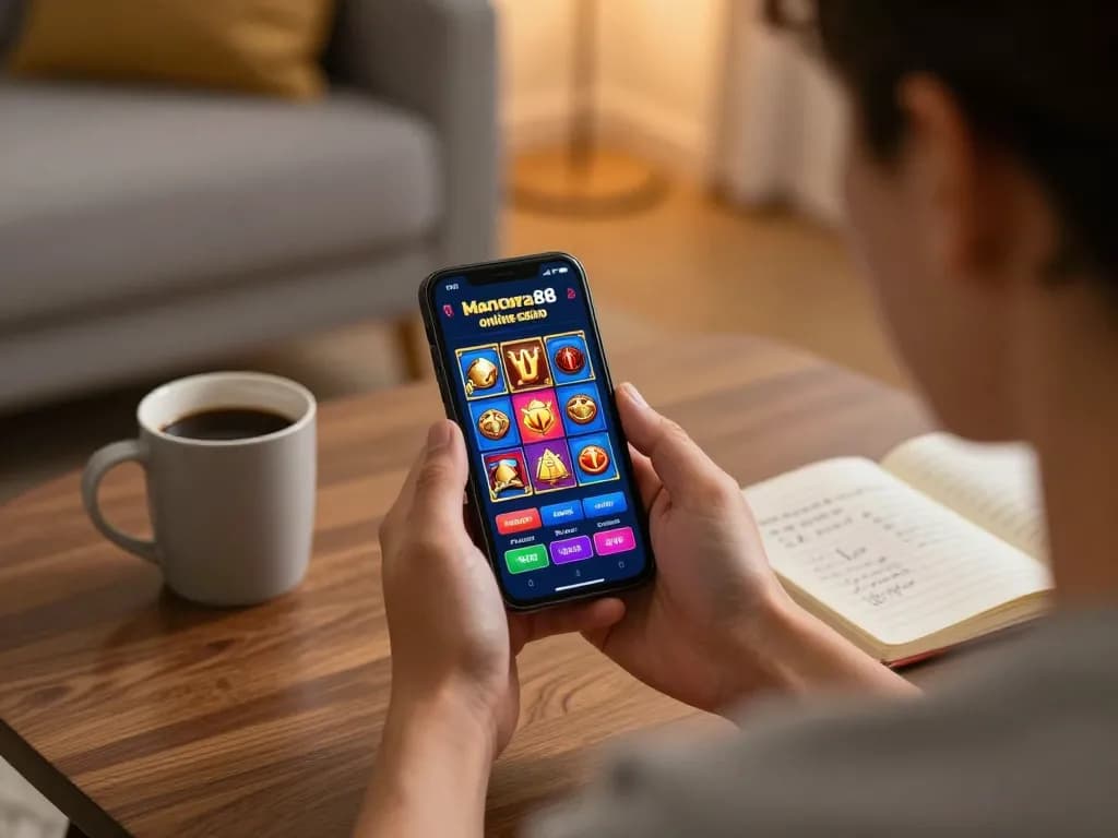 Player exploring mantra88 online casino app on smartphone in a cozy home setting