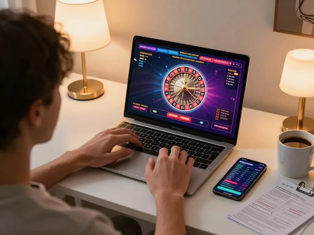 Engaging in UG DEWA online gaming with a live roulette interface, warm home atmosphere.