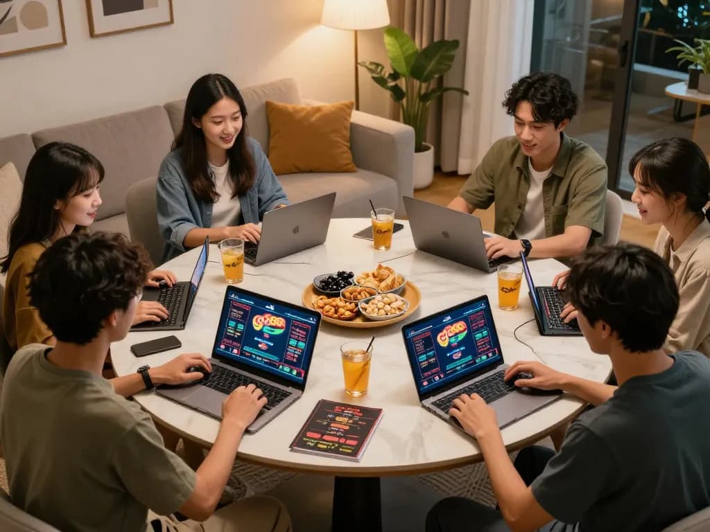 Friends enjoy an interactive gaming experience with gg88 online casino games in a cozy home setting.
