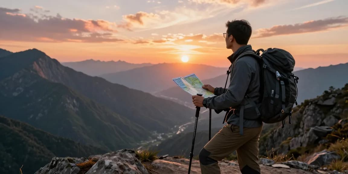Viajero admirando el atardecer desde la cima de la montaña, mostrando una experiencia única en etb.