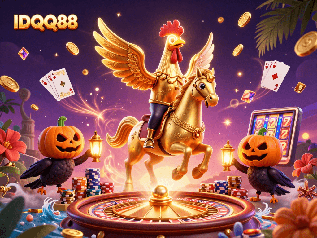 IDQQ88 brings thrilling casino action alive in a magical gaming scene, featuring vibrant characters.