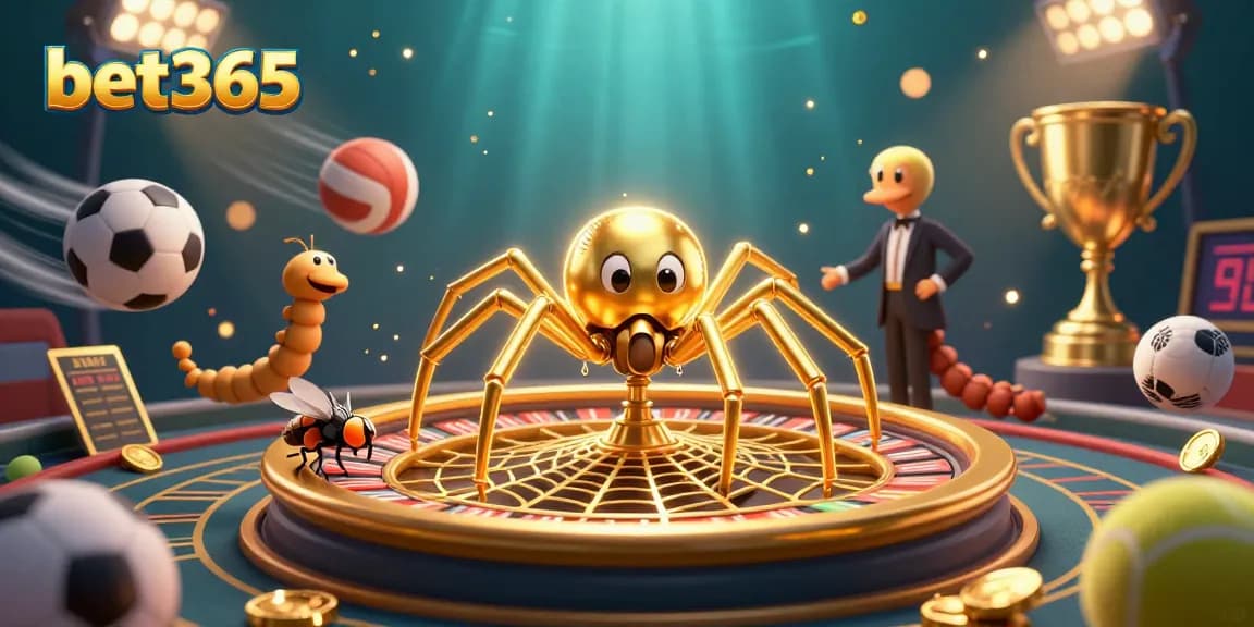 Experience thrilling bets with bet365 as a golden spider spins a roulette web surrounded by sports elements.
