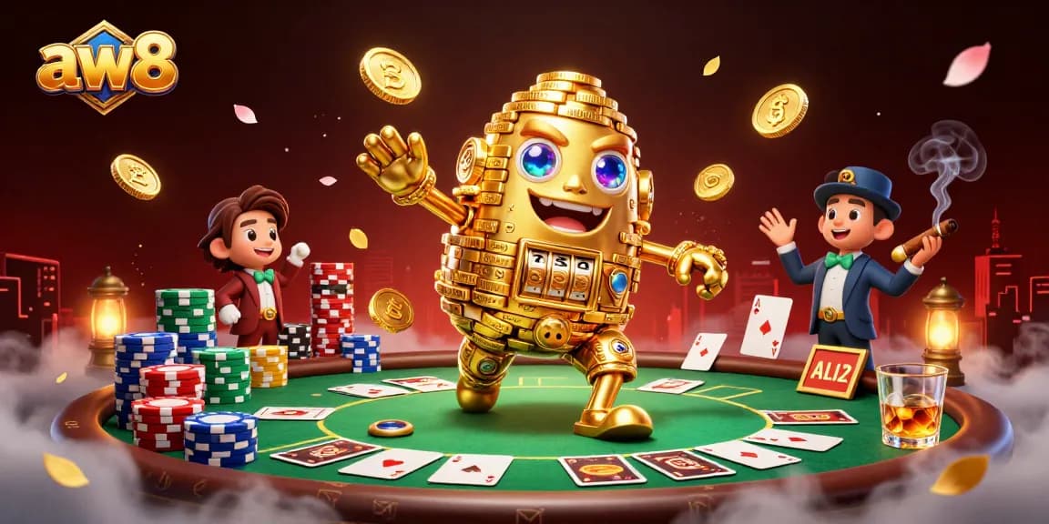 Win big at aw8, featuring a golden golem amidst a vibrant casino scene with poker and chips.