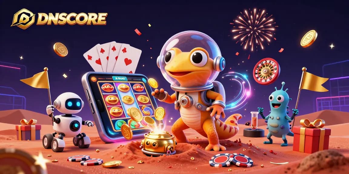 IDNSCORE game action with cartoon gecko discovering a golden casino on Mars surrounded by dynamic gaming elements.
