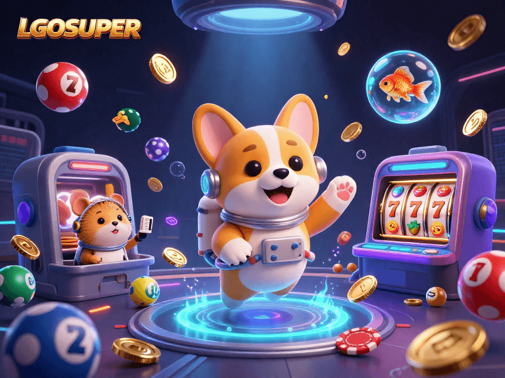 Engage with LGOSUPER in a vibrant casino scene featuring cheerful characters and dynamic game elements.
