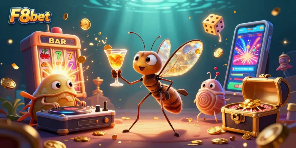 Experience the excitement of F8bet with dynamic 3D casino illustrations featuring unique characters and vibrant game elements.