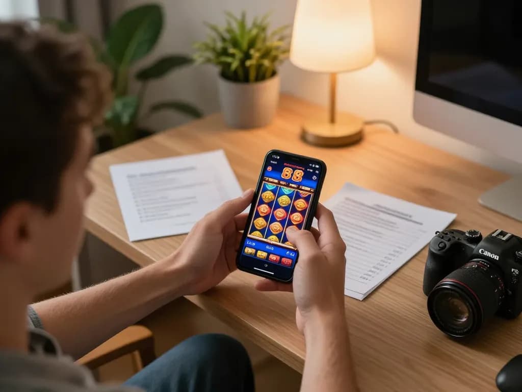 Player engaging with the slot88 resmi apk on a smartphone, showcasing vibrant slot graphics amidst a comfortable home setting.