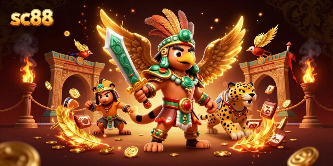 Engage with exciting slot gameplay at sc88 amidst an Aztec warrior battle scene.