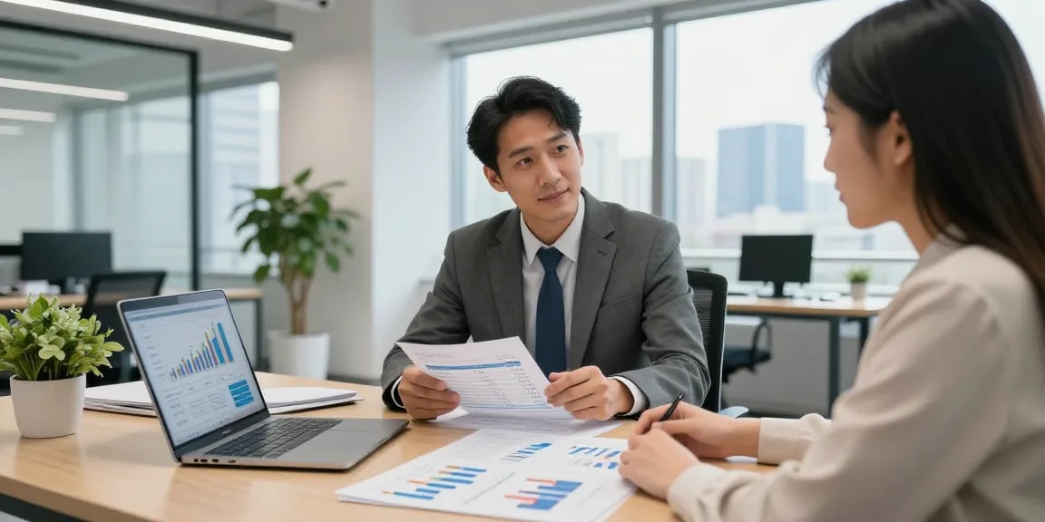 Consultant explaining costs of merchant cash advances, exploring if merchant cash advances are expensive in a modern office.