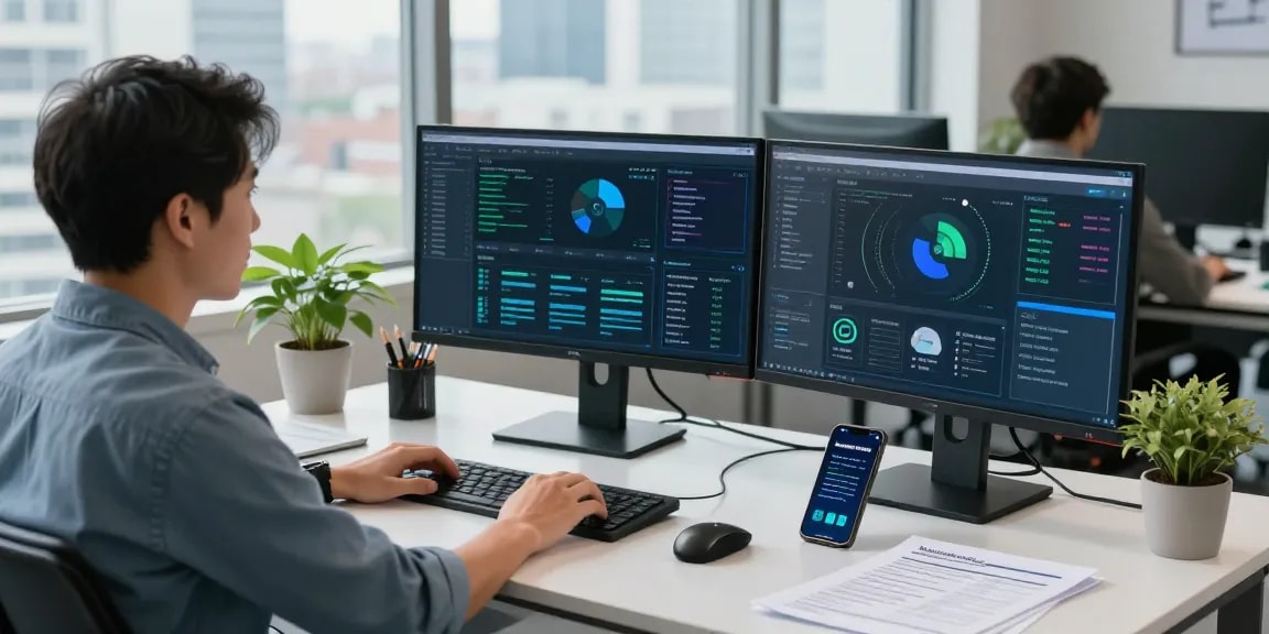 Expert in cyber essentials certification analyzing compliance data in a modern workspace