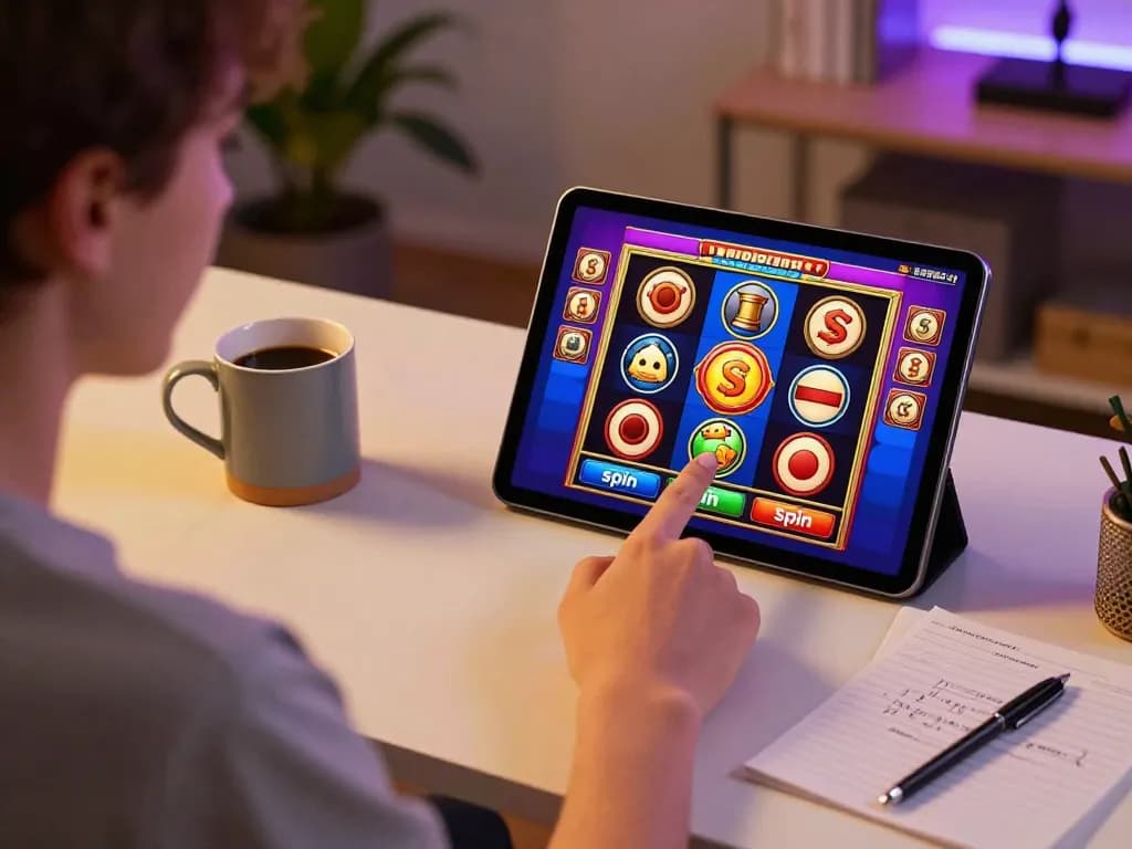 Engaging scene of a player enjoying bet kecil online slots on a tablet, showcasing excitement in a cozy home setup.