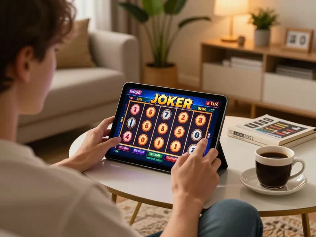 Engaging gameplay on IDC88 JOKER slots in a cozy home setting, demonstrating online gambling excitement.