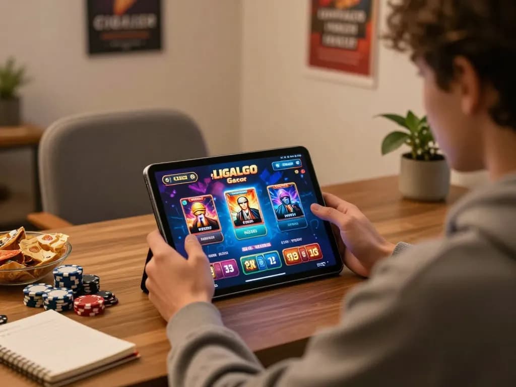 LIGALGO Gacor platform showcased on tablet during engaging home gaming session, emphasizing responsible entertainment.