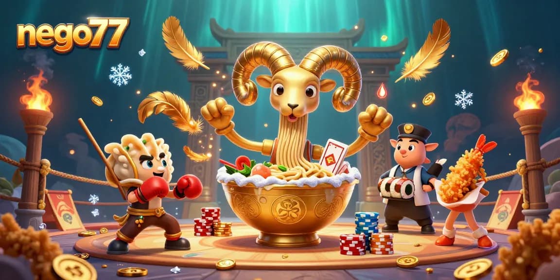 nego77 engages players with a vibrant casino scene featuring a giant ramen bowl and dynamic characters.