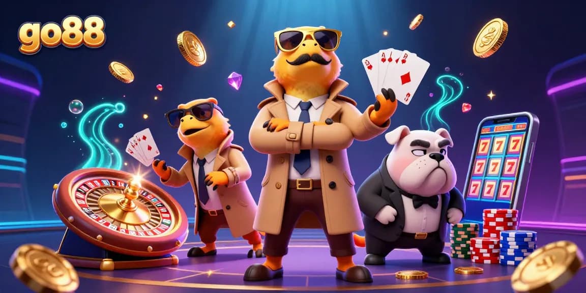 Experience the thrill of go88 with raptors trying to enter a VIP casino surrounded by dynamic gaming elements.