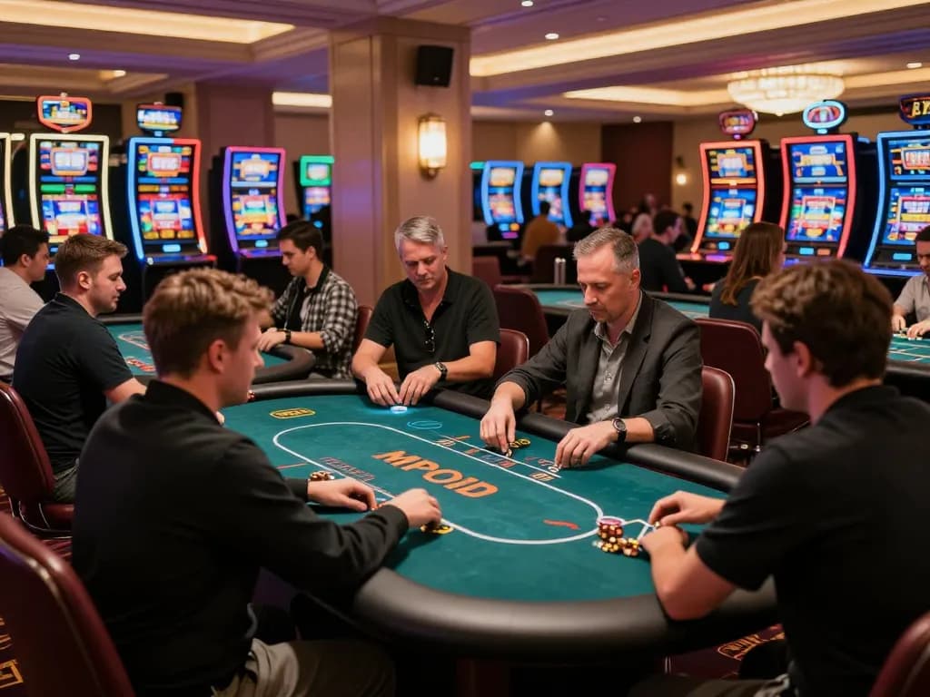 MPO ID dynamic gaming action with engaged players at interactive tables in a vibrant casino setting.