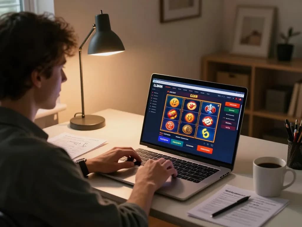 Player engaging with LLWIN online casino on laptop, strategic gaming moment