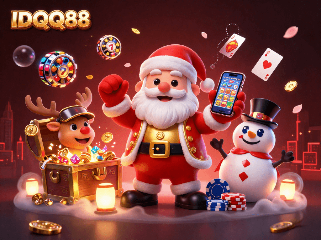IDQQ88 slots scene featuring Santa Claus, a reindeer dealer, and a poker chip snowman