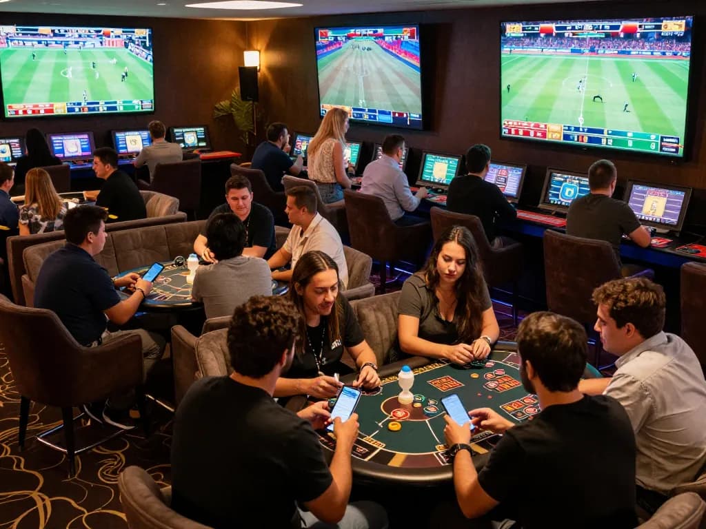 Excited gamblers strategizing their bets in the vibrant sportsbook lounge at rr88.