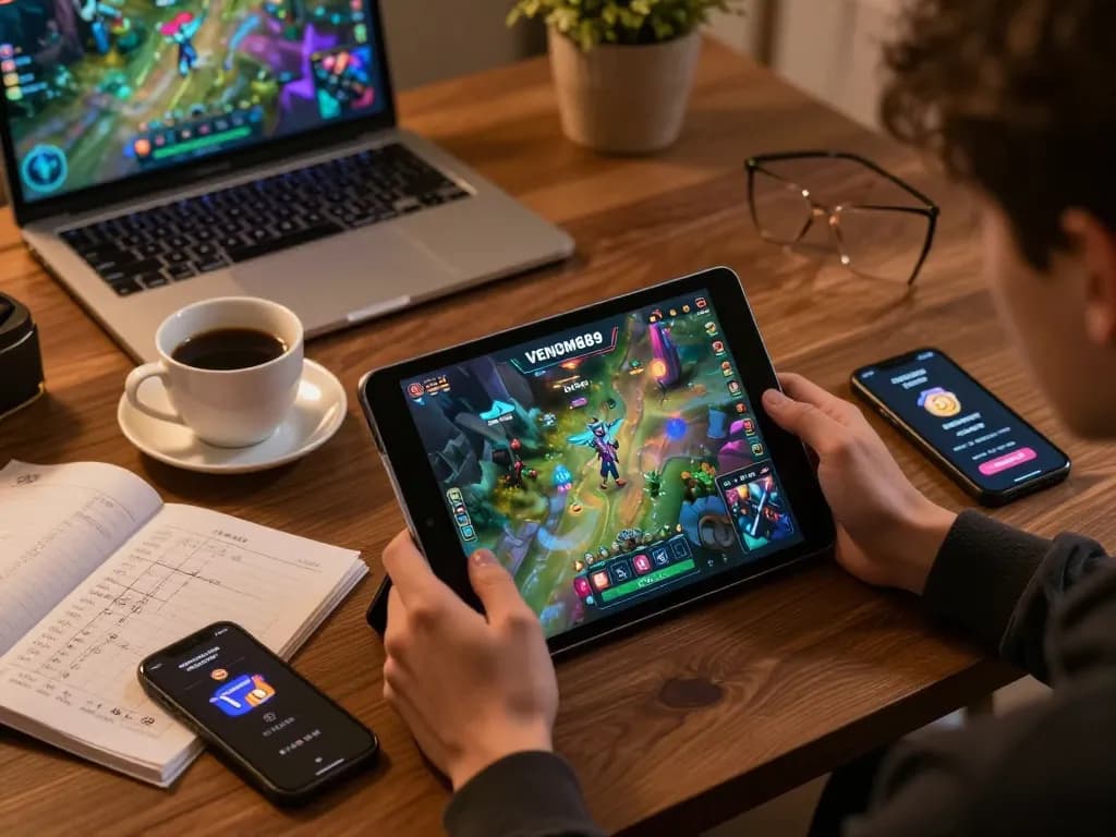 Engaged player exploring VENOM889 Datfar rewards on tablet in a cozy gaming setup.