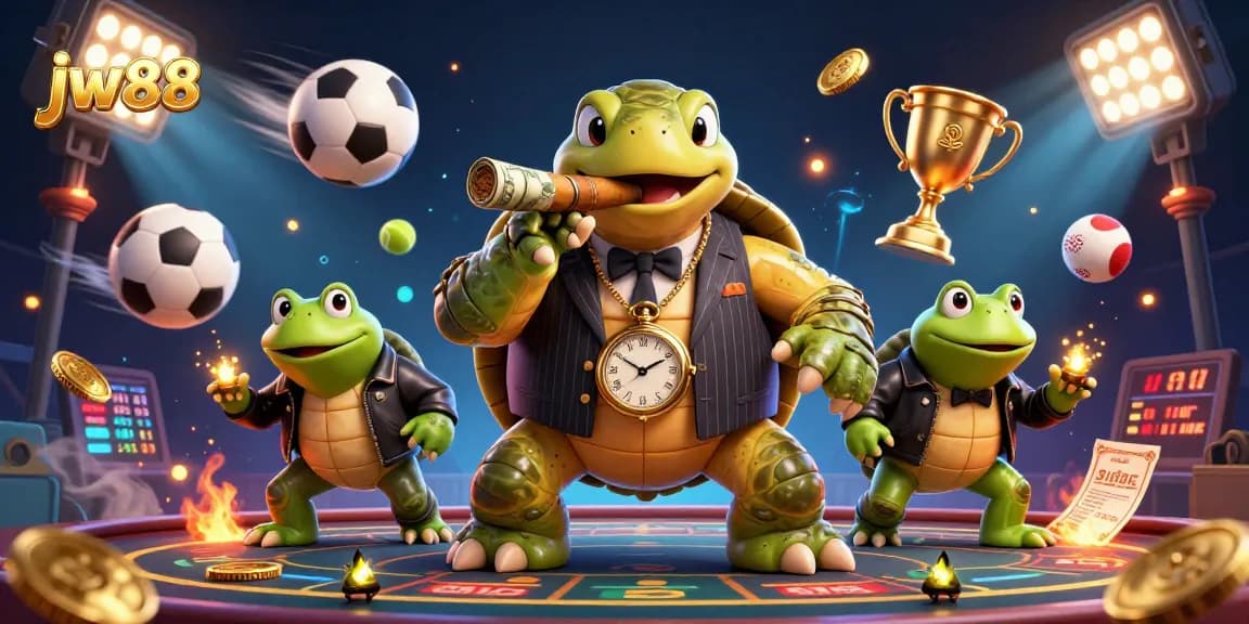 Engage with exciting jw88 gaming options featuring a 3D character portrait of a turtle mobster with sports elements.