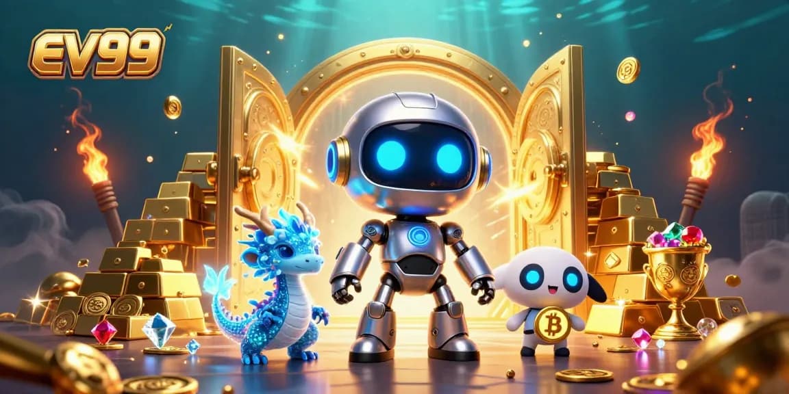 ev99 showcases casino excitement with a cyberpunk mascot and digital elements surrounded by treasures