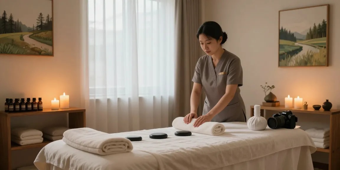 Relaxing Suwon 출장 마사지 scene with a serene massage therapist preparing the treatment room