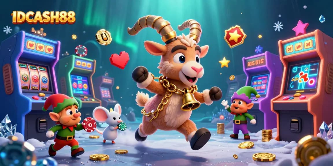 Spin to win with IDCASH88 in this lively casino scene full of playful characters and slot reels.