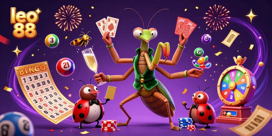 Engage with leo 88's vibrant casino scene featuring a mantis card sharp and a ladybug pit boss.