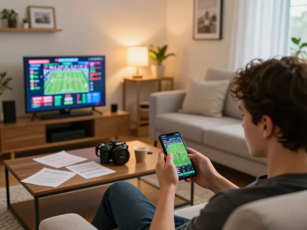 Effettuare scommesse su un'app sportiva di bookmaker non AAMS, mostrando un'atmosfera dinamica di gioco domestico