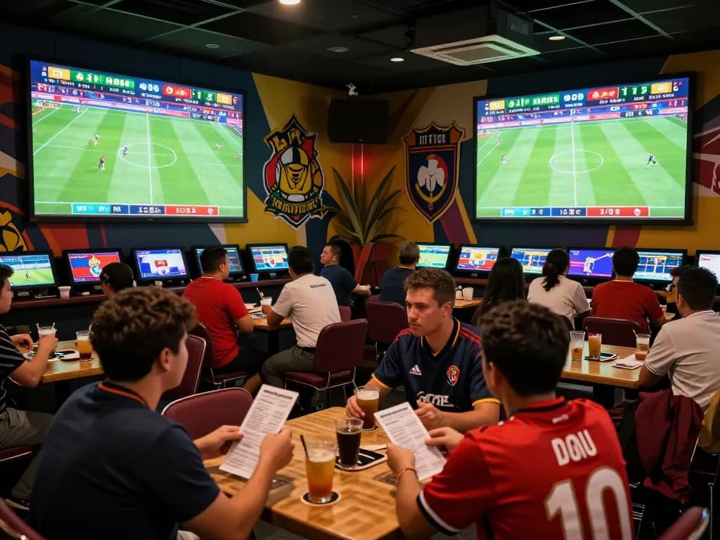 A vibrant sports betting scene with fans engaged in kèo nhà cái activities during a live match, showcasing excitement and strategy.