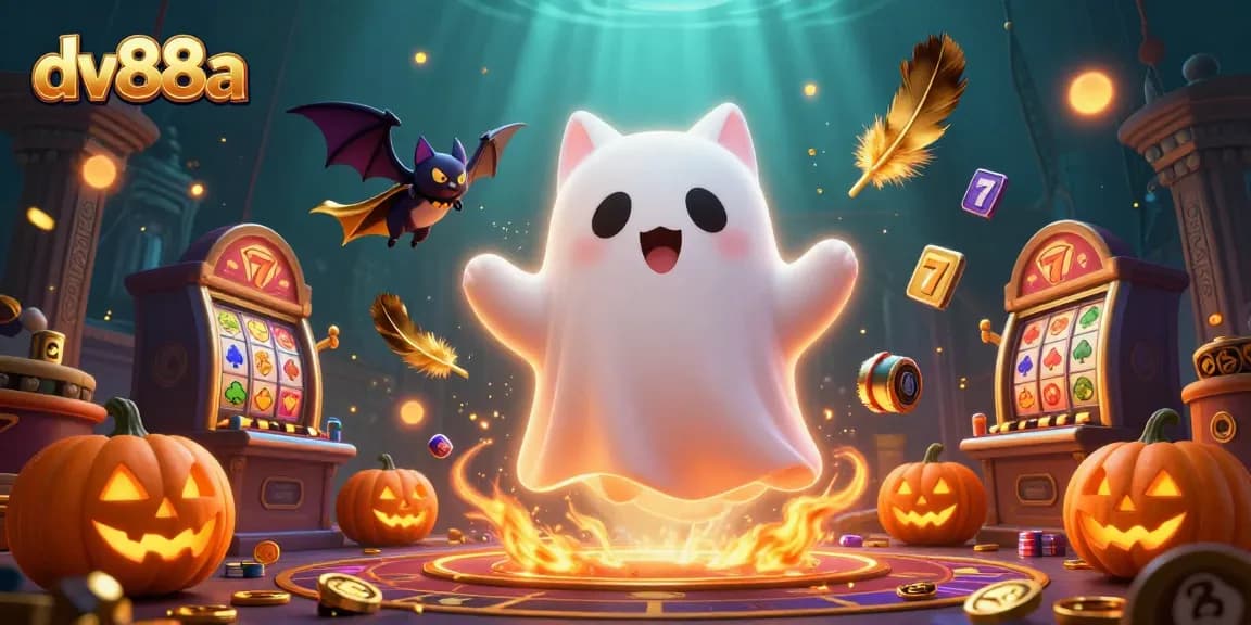 Engage in thrilling adventures at dv88a with a ghost cat and a bat in a vibrant haunted casino scene.