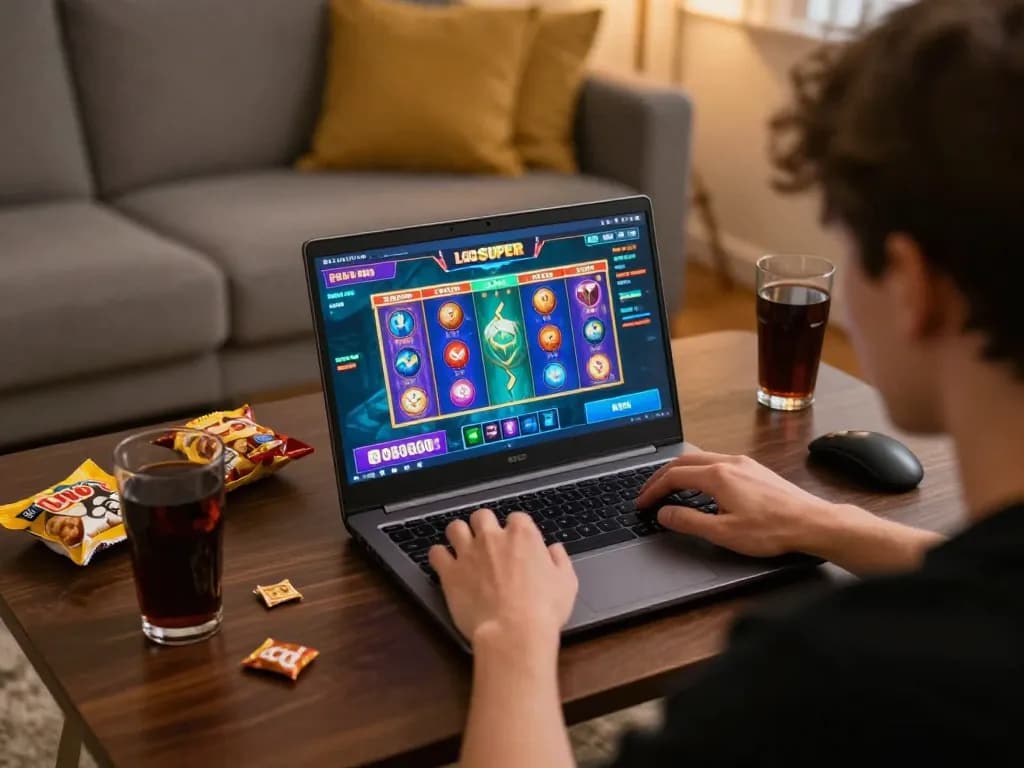 LGO SUPER slot games being played on a laptop in a comfortable home setting, conveying fun and strategy