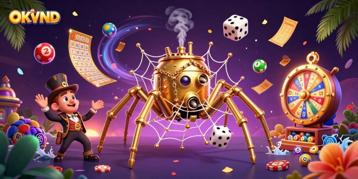 Engage with OKVND's thrilling casino adventure featuring a steampunk spider and dynamic lottery elements.