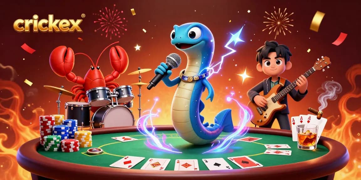 Join the excitement at crickex with a lively casino stage featuring a DJ eel, lobster drummer, and seahorse guitarist.