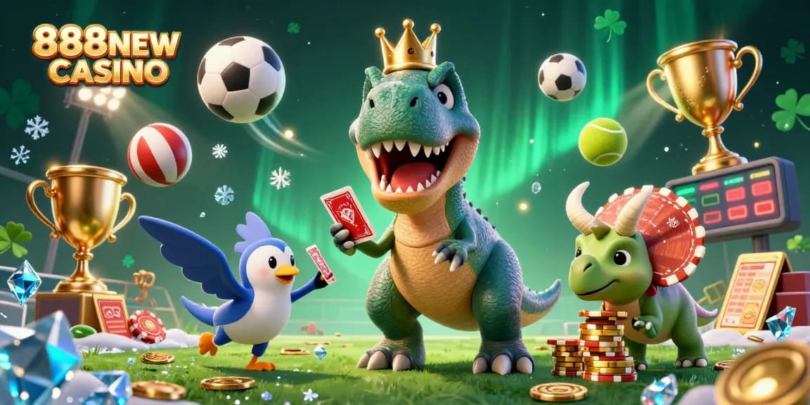 Engage in the thrilling world of the 888NEW CASINO with a vibrant 3D illustration showcasing entertaining casino characters and exciting game elements.