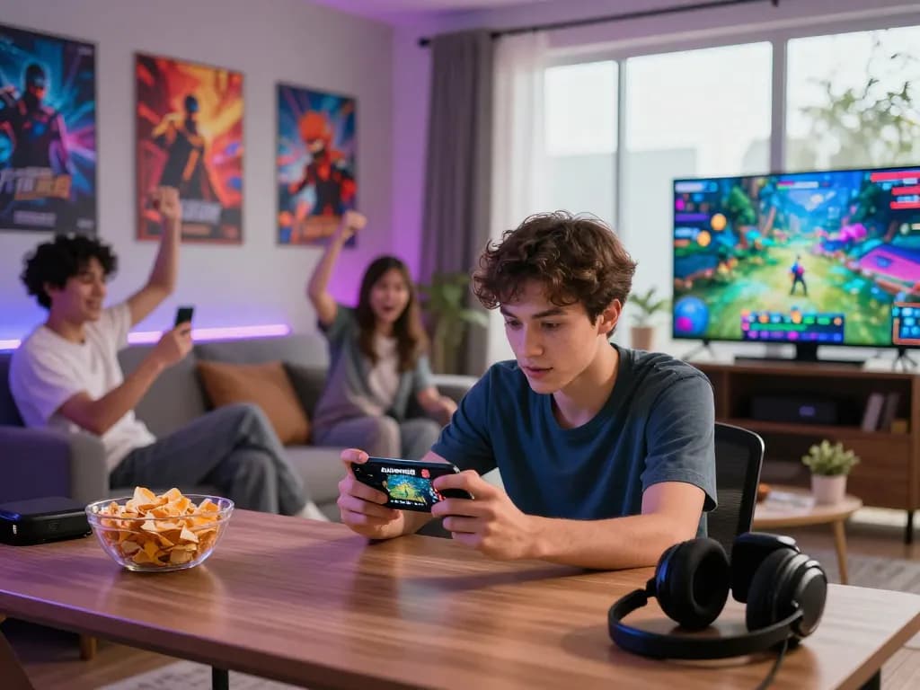 Autowin88 gaming scene featuring a player deeply engaged in mobile games amidst a lively atmosphere.