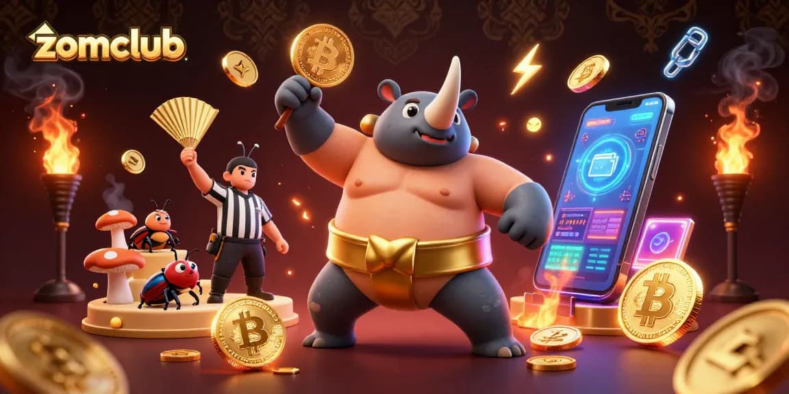 Join the thrilling gameplay at zomclub with a dynamic scene of a rhinoceros beetle champion surrounded by gold coins.